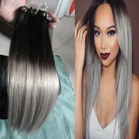 Ombre T1b / Grå Straight Silver Ombre Micro Loop Human Hair Extensions 100% Human Micro Bead Links Machine Made Remy Hair Extension