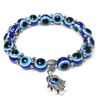 Turkiska onda ögonpärlade strängar armband 8mm blå harts pärllegering hamsa hand charms armband armband för kvinnor lyckliga smycken