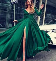 Magnifique satin en mousseline de soie décolleté à encolure en V à manches longues A-ligne robe de soirée avec Sexy fente vert simple robes de bal de fin de soirée robes