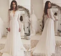 Lace Chiffon Long Sleeve Plus Size Wedding Dresses Simple Cheap V-neck Backless Sweep Train Country Flowy Beach Wedding Gown