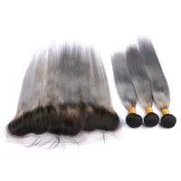 Brasilianische Ombre Silber graue menschliche Haarwebart bündelt dunkle Wurzel mit 13x4 Spitze Frontal Closure # 1B / graue Ombre-Jungfrau-Haar-Schussfaden-Erweiterungen