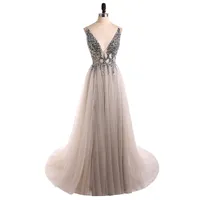 우아한 저녁 공식 드레스 2018 새로운 회색 구슬 Tulle Prom Dresses 사용자 정의 rooves 드 Demoiselle D 'Honneur 스윕 열차 Robes de Mariée