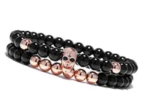 New Skull Strands Bracelet Onyx Rosary Beads Bracelets Ghost Head Diamond Bracelet 2Pcs/Lot Free Shipping