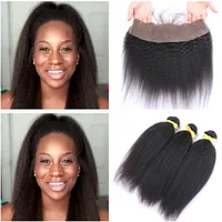 Kinky Straight Virgin Indian Human Hair Weaves With Full Lace Frontal Italian Coarse Yaki 13x4 Lace Frontal Stängning med buntar