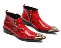 أحذية الكاحل الرجل الأحمر مشبك ركوب الأحذية Chaussure أوم جلد البقر أحذية الذهب معدن تو الرجال أحذية قصيرة