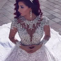 Neueste 2019 Luxus Perlen Langarm Muslime Brautkleider mit langer Zug Pailletten Spitze Brautkleider Tranke Robe de Mariage