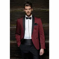 Mode Style One Button Burgundy Groom Tuxedos Groomsmen Mäns Bröllop Prom Passar Brudgum (Jacka + Byxor + Girdle + Tie)
