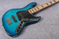 Arvinmusic Factory Custom Blue 5 Strings Electric Bass Guitar with Flame Maple Veneer,Transparen Pickguard,Chrome Hardware,Maple Neck,Can be