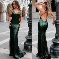 2018 New Green Cekinowe Długie Suknie Mermaid Dostosowane Suknie wieczorowe Sexy Backless Suknie Wieczorowe Formalne Party Suknie V Neck Party Wear