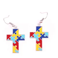 Enamel Autism Awareness Hope Cross Charm Heart Shape Pendent With Holes Jigsaw Puzzle Piece Religious Earrings Jewelry Gift