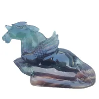 Dingshengギフトレインボー蛍石のユニコーンの子馬置物水晶ペガサス動物彫刻の頭蓋骨像工芸品