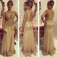Sweetheart High Collar Jeweled Neckline Floor Length Gold Lace Appliqued Cap Sleeves Evening Dresses With Heart Shape Open Back