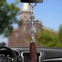 Metal And Crystal Diamond Cross Jesus Christian Car Rear View Mirror Car Pendant Christmas Gift Car Styling Ornament