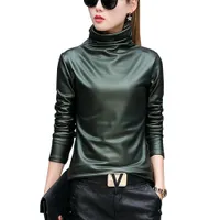 European punk plus size women blouse autumn turtleneck long sleeve tops shirt ladies velvet stretch camisas PU leather blouses