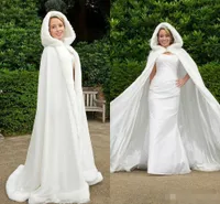 Prachtige 2019 Winter Wit Ivory Wedding Cloak Cape Hooded met Faux Bont Trim Lange Bruidskleding