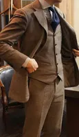 Brown tweed män passar de senaste kappan byxa design 3 stycke (jacka+byxor+väst+slips) smal passformad brudgum prom blazer