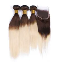 Straight Rooted Medium Brown och Blonde Ombre Brasilianska Virgin Hair Weft med stängning Två Tone # 4/613 Ombre 4x4 Lace Closure med 3bundles