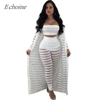 2018 Sexy Hollow Out 3 Pieces Set Womens Strapless Crop Top Sheer Stripe Mesh Pants Long Cardigan Set Plus Size Club Outfits