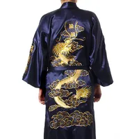 Traditional Embroidery Dragon Kimono Yukata Bath Gown Navy Blue Chinese Men Silk Satin Robe Casual Male Home Wear Nightgown