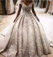 Princesa strass lace a line vestidos de noiva 3d apliques de flores fora do ombro cristais vestidos de noiva longa catedral treinar vestidos largos