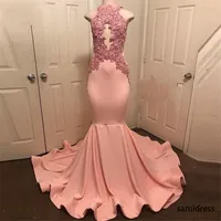 Halter Neck Sleeveless Robe De Soiree Party Dress Abiye Peach-Pink Mermaid Prom Gowns Lace Appliques Long Prom Dress Formal Dress