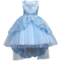 Consideravelmente renda azul inchado Flower Girl Dresses 2018 Alta Baixa Renda apliques Comunhão Vestidos Pageant para as meninas MC1458