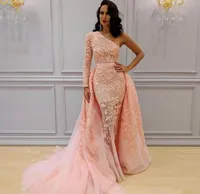 Mermaid Pink African Evening Dresses Overskirts One Shoulder Long Prom Dress Appliqued Tulle Celebrity Formal Party Gowns Robes de soirée