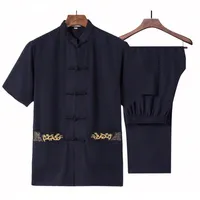 Kinesisk traditionell tang kostym lös broderi tai chi uppsättning sommar bomull linne mandarin krage shirtpant storlek s-3xl