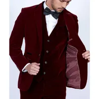 Burgundy Velvet Men Suites 3 шт. Blazer Adhor Care Book Red Groom Prom Party Tuxedo Куртка Брюки Жилет WH219