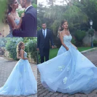 2018 Árabe A Linha Céu Azul Vestidos de Noite Sheer Neck 3D Flores Applique Beads Aberto Para Trás Plus Size Pageant Party Dress Evening Gowns