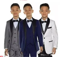 Grijze jongens smoking jongens diner pakken drie stuk jongens zwarte sjaal revers formele pak tuxedo voor kinderen smokingo