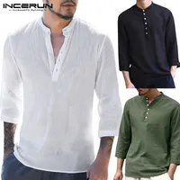 Ancerun Vintage Мужская рубашка Хлопок V-образным вырезом 3/4 рукава твердых мужских топов повседневная блузка Slim Fit Fash Mountain рубашка Camisa Plus размер 3XL