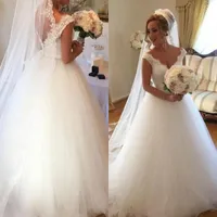 2019 Impressionante A Linha de Vestidos de Casamento V Profundo Decote Sem Mangas Lace Top Tule Saia Aberta Voltar Vestidos de Noiva Barato de Alta Qualidade