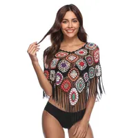 Womens Tops and Blouses Crocheted Cover Ups Hollow Out Tassels Geometric Boho Kimono Shirts 2018 Summer Tops Beach Bikini Covers