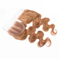 Brezilyalı Remy Saç Dantel Kapatma 7A 27 # Bal Sarışın İnsan Saç Vücut Dalga Dantel Topper Hairpieces 4x4 İsviçre Dantel Kapatma