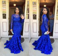 2018 Gorgeous Royal Blue Mermaid Prom Dresses per Black Girl Beaded Paillettes maniche lunghe Tired Ruffled Prom Gowns Women Evening Party Dress