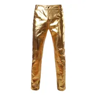 Gold Shiny Pu en cuir Pantalon de moto Hommes Brand New Skinny Collants Leggings Nightclub Stage Pantalons Sécurateurs Dancer Homme Joggers