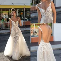 Romantic Berta Spaghetti Lace Applique Bridal Gowns Bohemia Sheath Open Back Wedding Dresses With Overskits V Neck Beach Formal Bride Dress