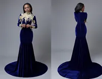 Mode fluwelen zeemeermin prom jurk goedkope koninklijke blauwe lange mouwen 2020 gouden kant applique sweep trein rits avond formele jurk