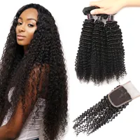 Ishow 10A Brazilian Kinky Curly With Lace Closure Malaysian Peruvian Human Hair Weave 3Bundles Deals for Women Girls All Ages Natural Black Color 8-28inch