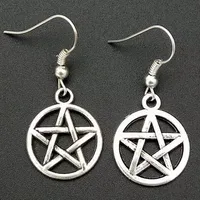 Moda Takı 50 Pair / Lot Antik Gümüş Pentagram Pentagramı Charm Kolye Drape Küpe Cadı Pagan Goth Takı Hediye A45