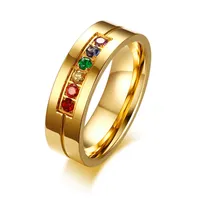 Gratis lasergravure 6mm Gold Gay Lesbian Rainbow Crystal Inlay Ringen in roestvrij staal
