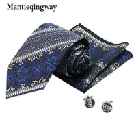 Mantieqingway Groom Cuff Links 8.5cm Neck Tie Set för män Skriv ut Handkerchief Manschettknappar Tie Set för affärsfest dating