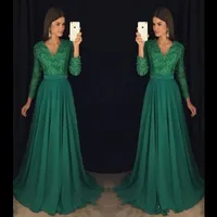 Emerald Green Lace Chiffon Lange Mouw Prom Pageant Jurken ModeV-hals Kralen Plus Size Dames Formele Gelegenheid Avondjurk
