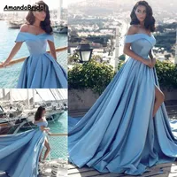 Amandabridal Nowoczesne Arabskie Light Blue Formal Prom Dresses 2019 Afryki Elegancki Off The Ramiona Front Split Popularne wieczorowe sukni