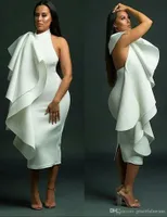 2019 Alta Neck Branco Curto Cocktail Dresses Lado Babados Sem Encosto Evening Vestidos de Festa de Volta Fenda Prom Homecoming Vestidos