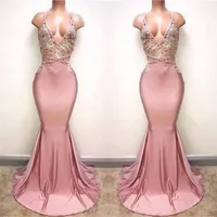 Dusty Pink Prom Dresses 2018 Spaghetti Appliqued con cuentas larga cola de sirena vestidos de fiesta por encargo Evening Evening Wear