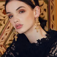 Coco&willow Baroque Style Crown Cross Dangling Earrings, inspired vintage coin cross earrings for women, statement earring