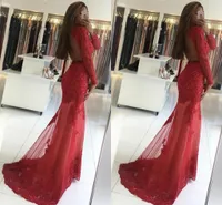 2018 Dark Red Prom Dresses Illusion Spitze Applique Perlen Hohlkreuz Sheer Long Sleeves Meerjungfrau Tüll Plus Size Sweep Zug Abendkleider
