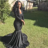 Sexig Mermaid Prom Dress 2018 Långärmade Djup V Neck Bling Sequins African Black Girl Formal Dresses Party Evening Wear Vestidos De Fiesta